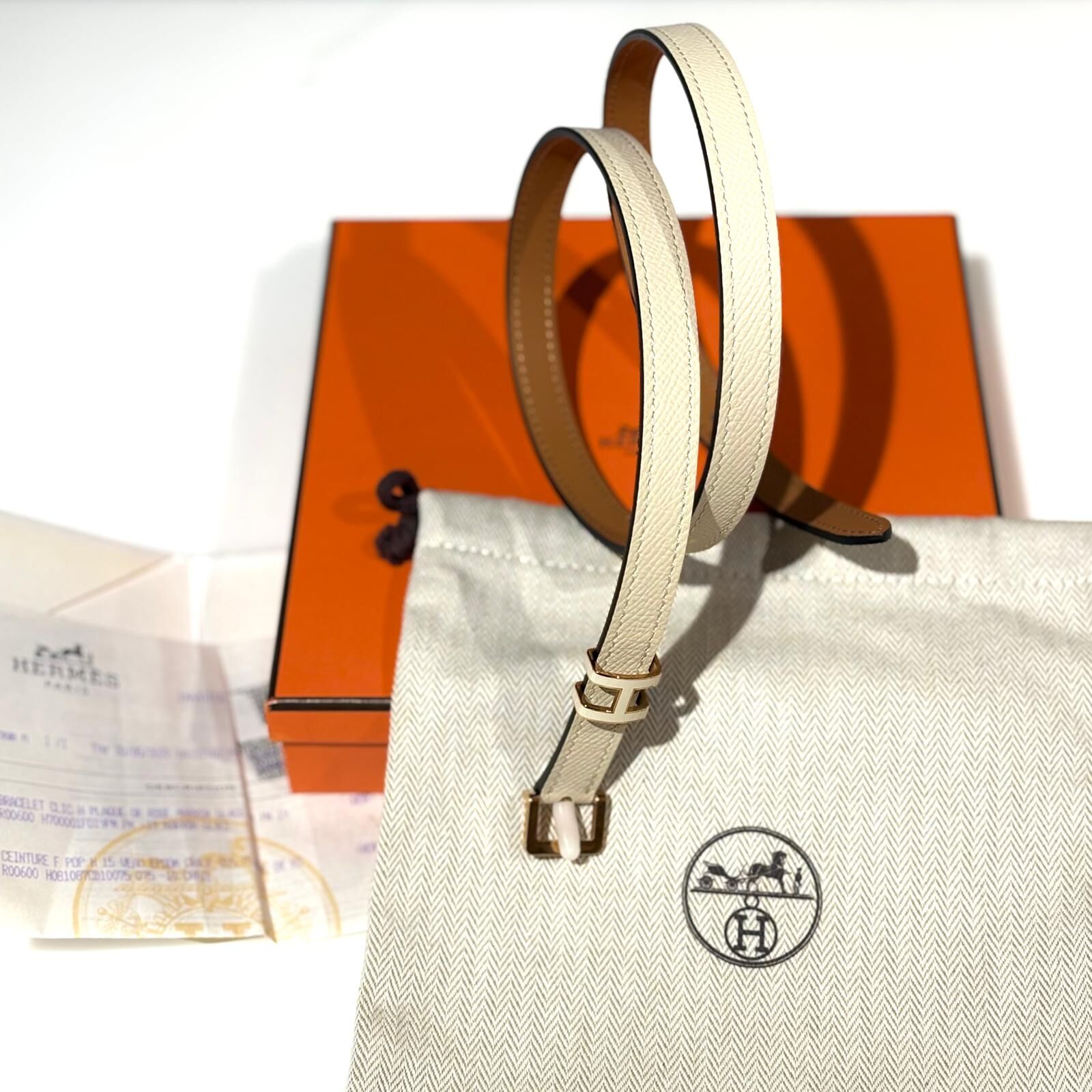 全新HERMES POP H 皮帶 15MM / 75碼 EPSOM皮 窄身奶昔白 #BRAND NEW #香榭站正品