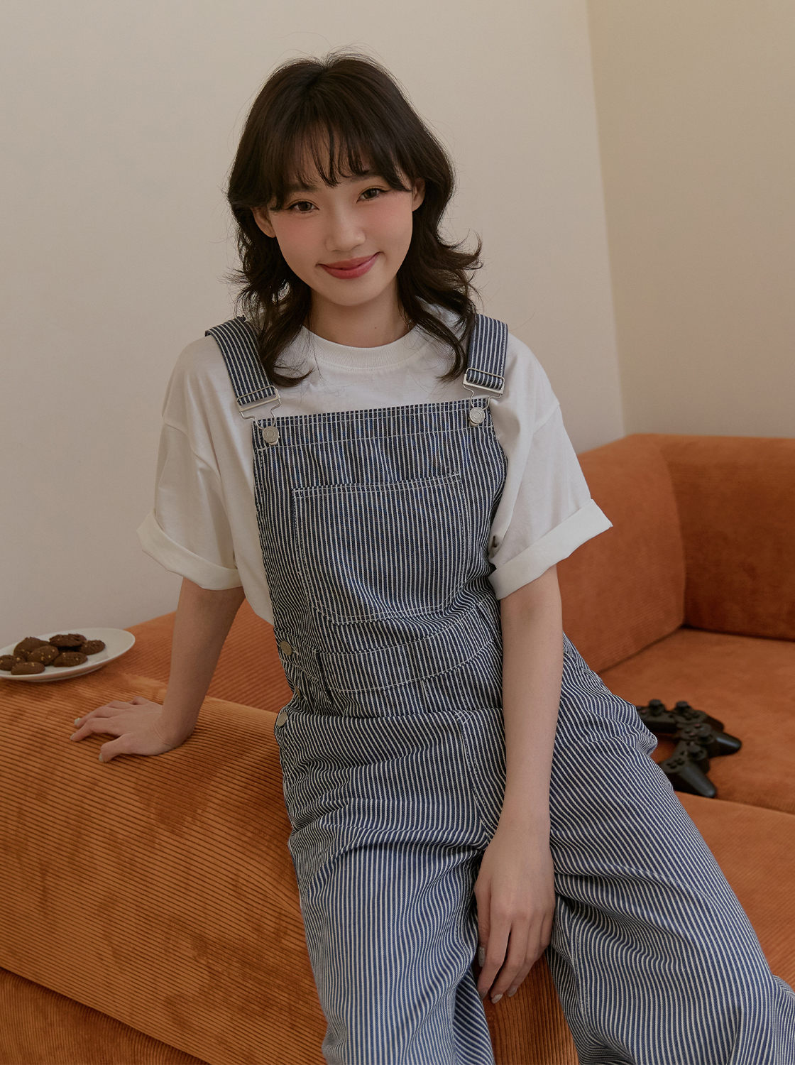 條紋愛心口袋吊帶長褲