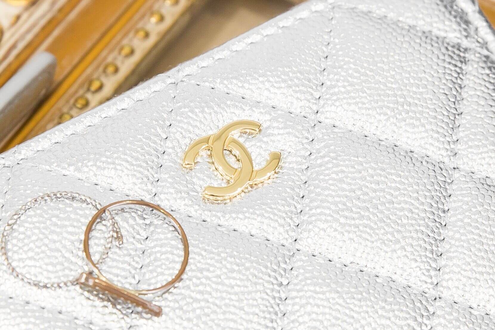 Chanel Coin Purse 銀色金CC荔枝菱格紋拉鍊方形零錢包