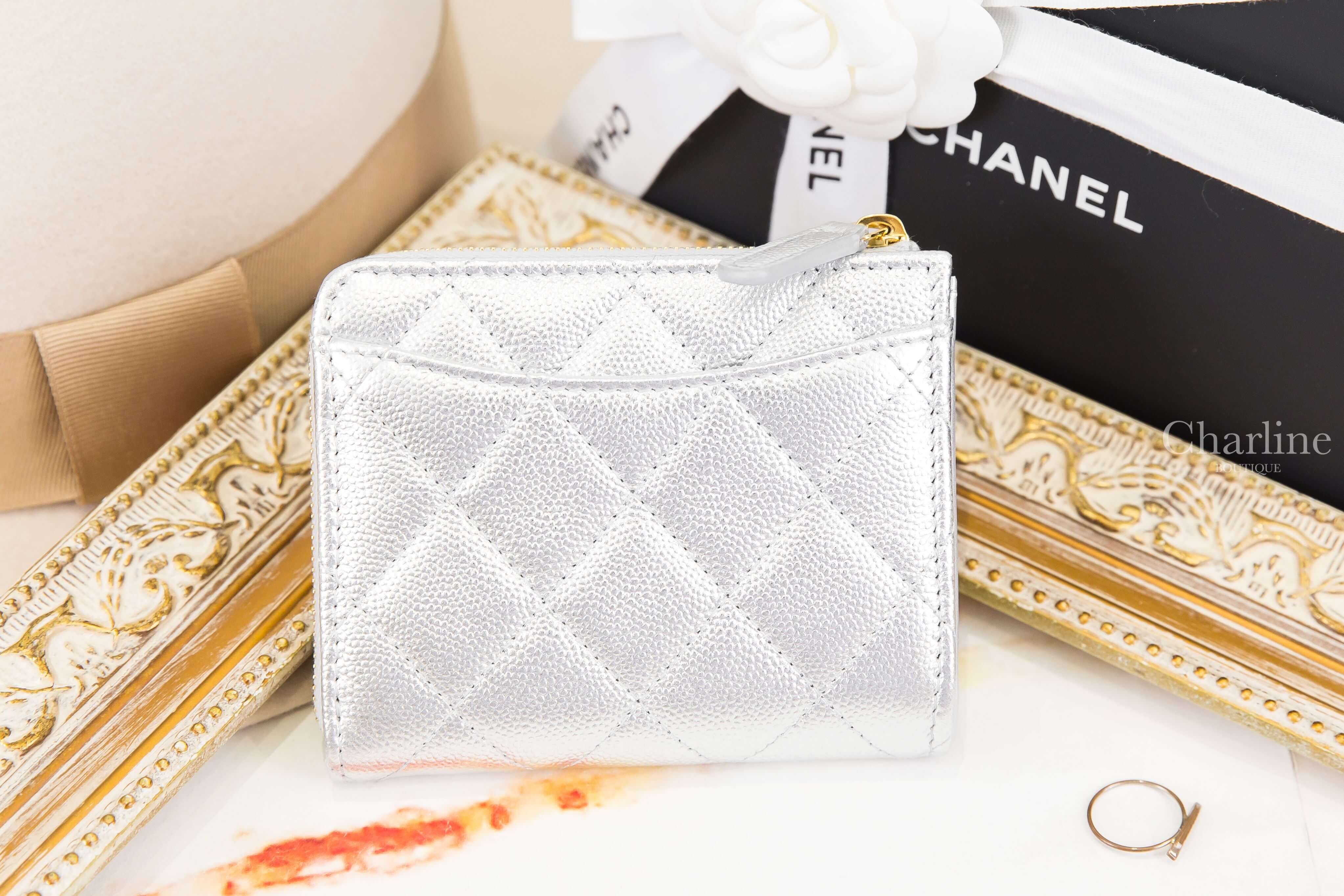 Chanel Coin Purse 銀色金CC荔枝菱格紋拉鍊方形零錢包-Charline Boutique 精品代購
