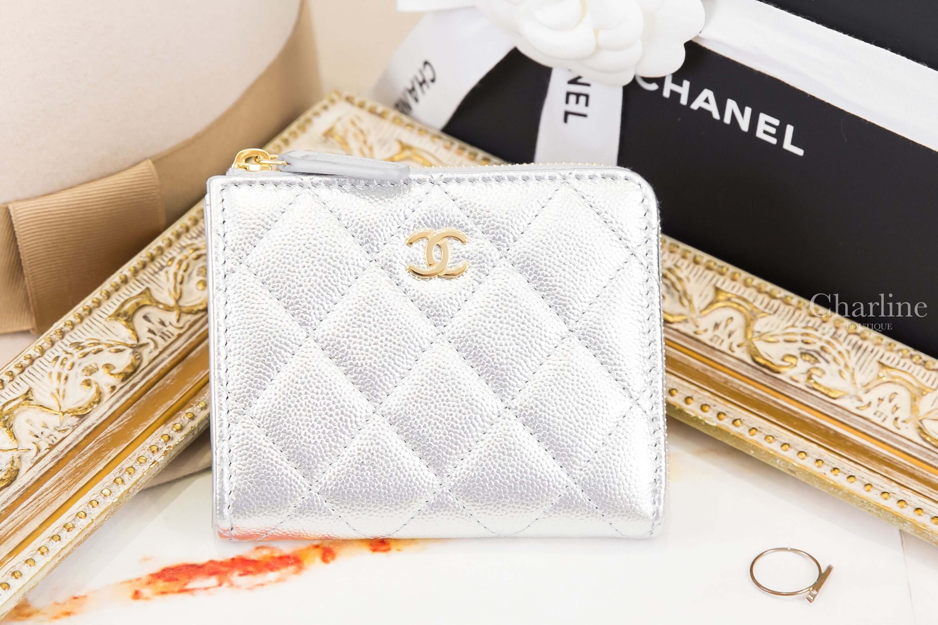 Chanel Coin Purse 銀色金CC荔枝菱格紋拉鍊方形零錢包