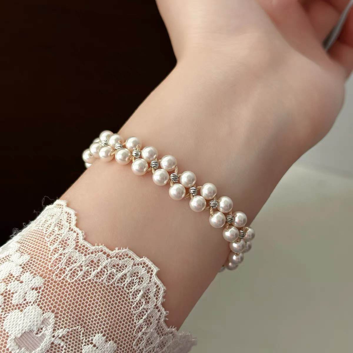 浪漫可愛雙排珍珠釦式手鏈手環 (Elegant & Love)