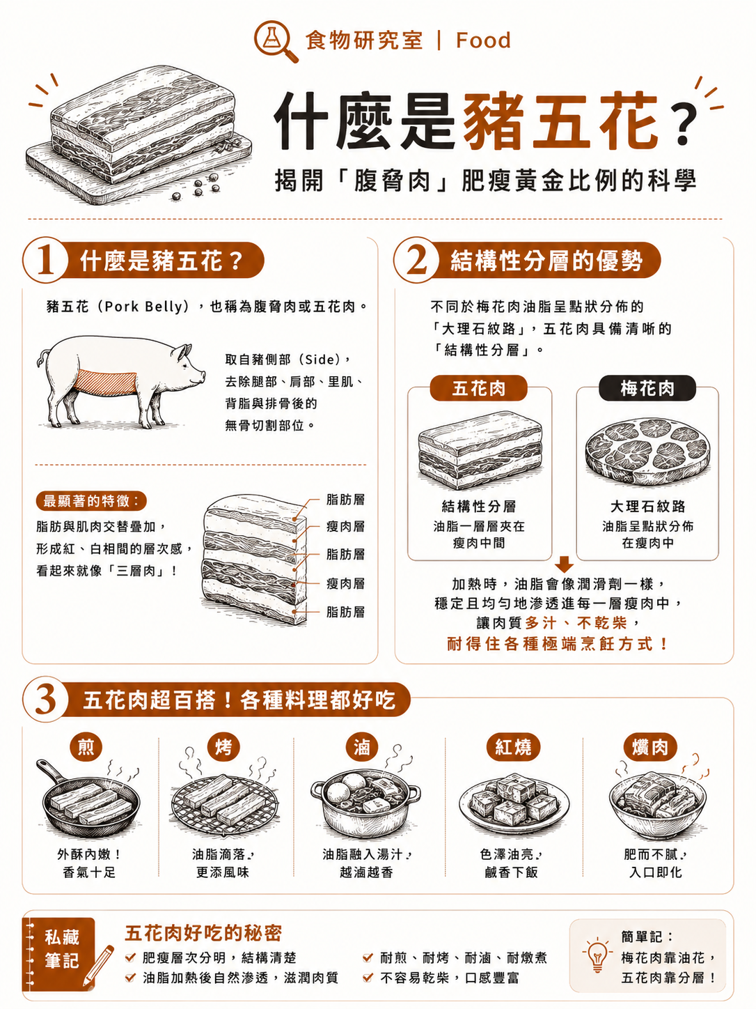 豬五花部位解說,展示 Pork Belly 脂肪與肌肉交替的三層結構