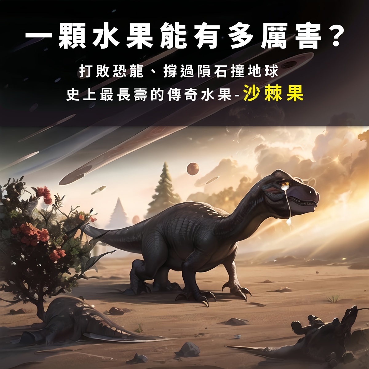神奇沙棘果遠古背景介紹。圖中展示一隻恐龍在隕石撞擊地球、滿是塵土的荒涼環境中流淚,身旁卻有一株依然盛開橘紅色果實的沙棘樹。上方文字寫著「一顆水果能有多厲害?打敗恐龍、撐過隕石撞擊地球,史上最長壽的傳奇水果-沙棘果」。久保生醫藉此突顯沙棘極度頑強的生命力,其富含的多元活性營養素正是維持健康、提供私密處保養與身體防護的關鍵。
