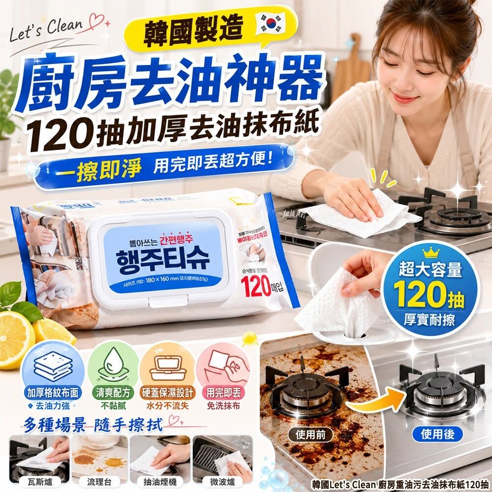 WSBB11969  韓國Let's Clean 廚房重油污去油抹布紙120抽(單包)（8月中旬）