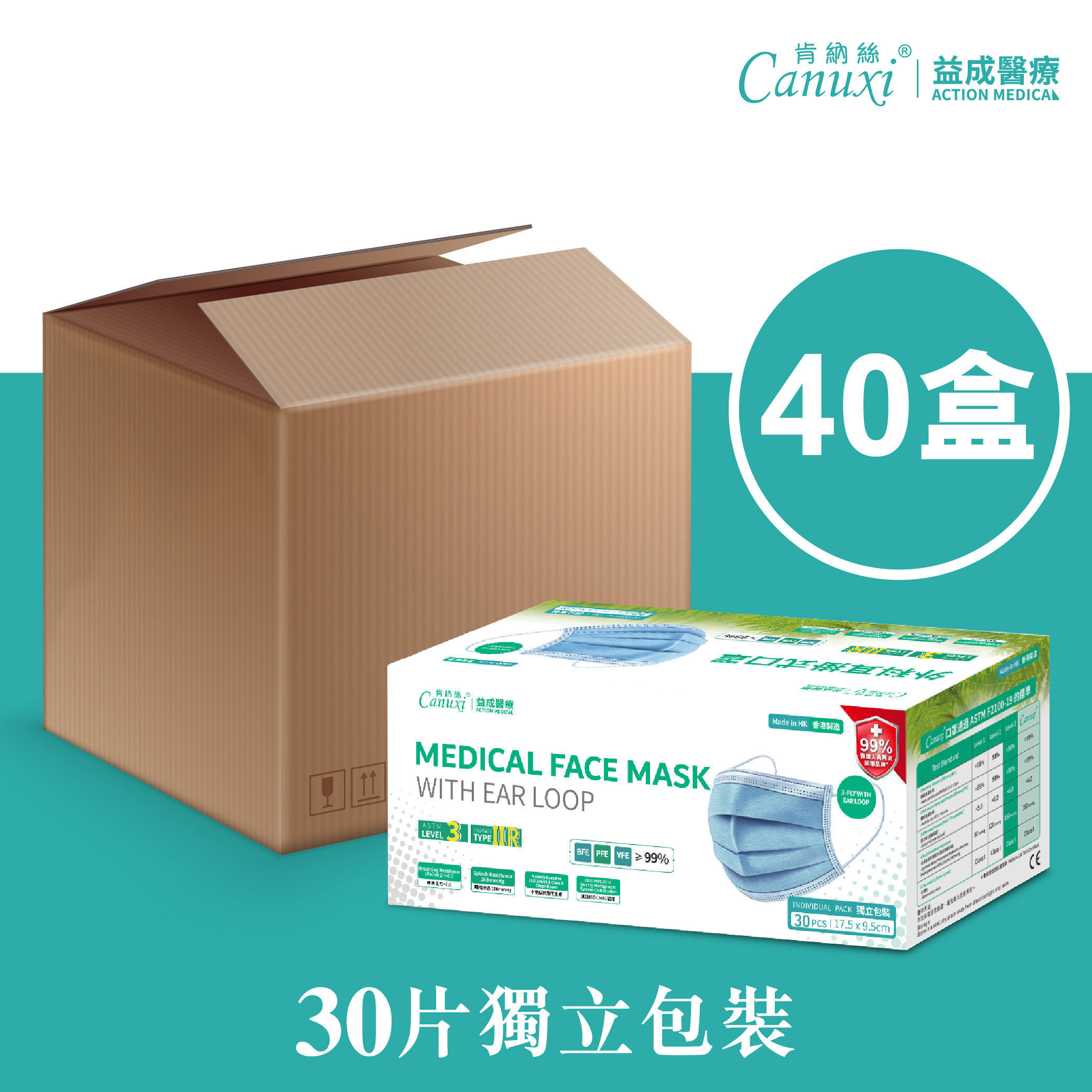 Made in Hong Kong - Surgical Mask with Ear Loop ASTM Level 3 (Individually Packed) / 1 Carton 40 Boxes Special Price
