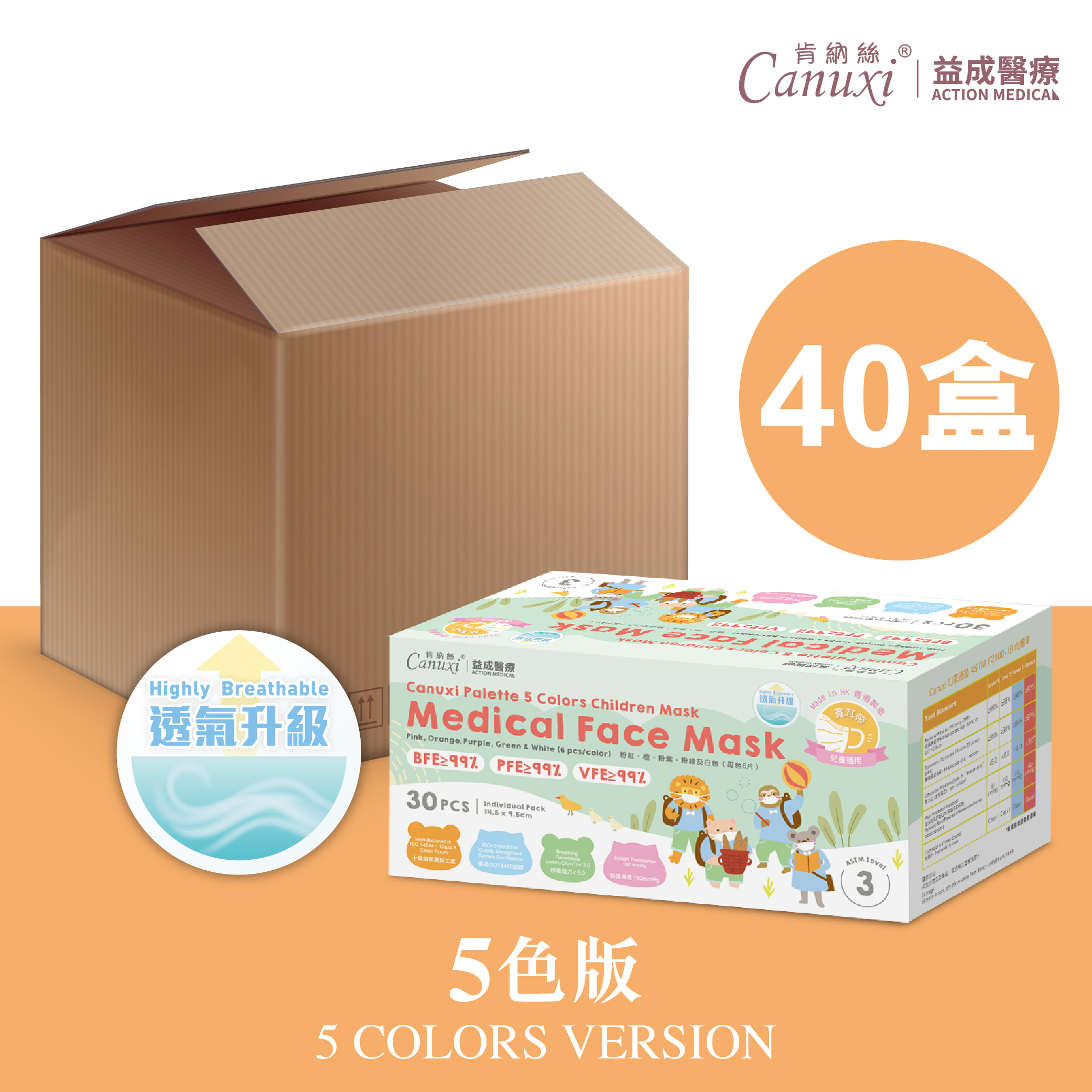 Made in Hong Kong - Canuxi Palette 5 Colors Children Mask - High Breathability ASTM Level 3 ( Individual Pack )/ 40 boxes
