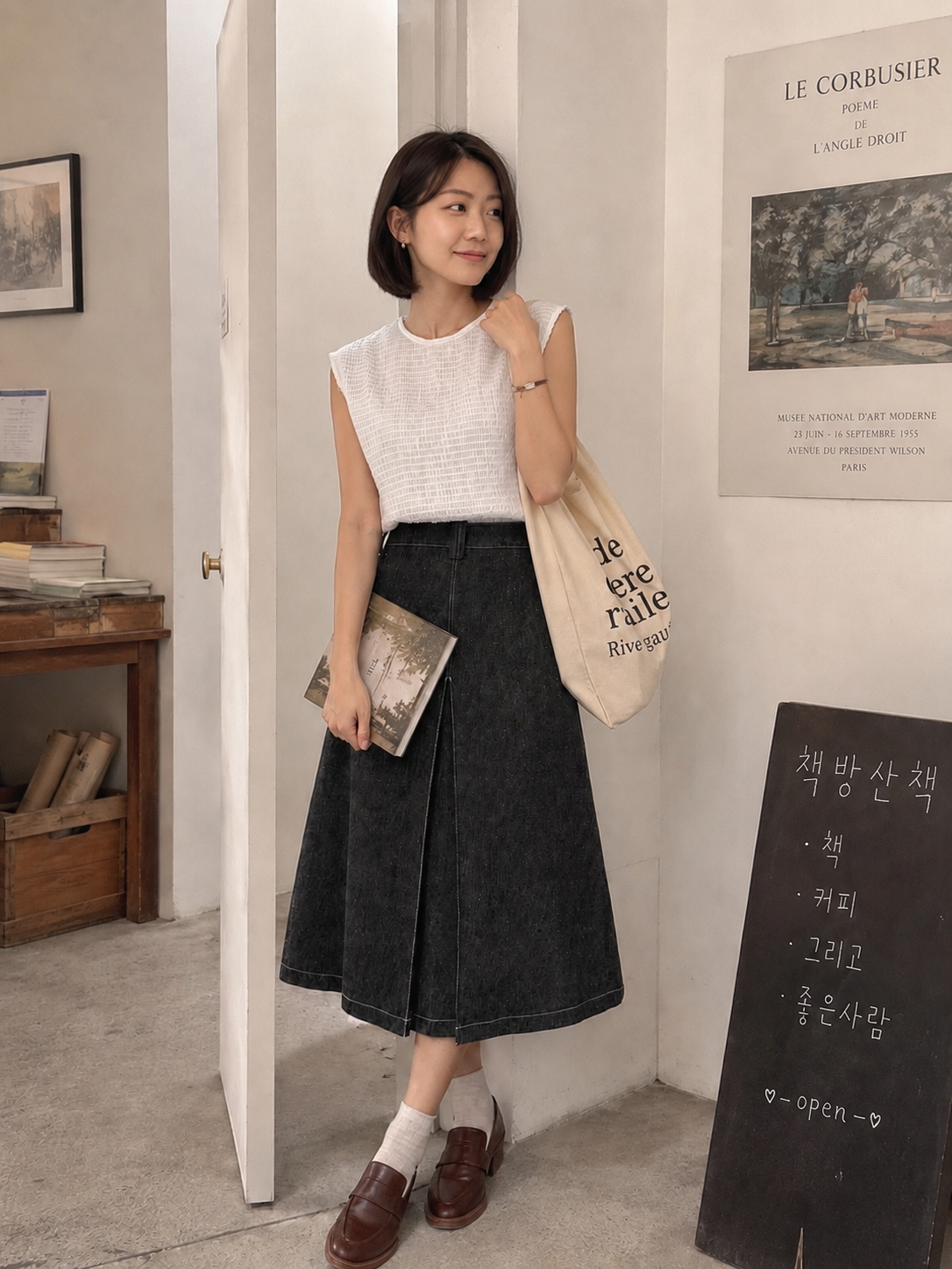 HIGH WAISTED DENIM SLIT ALINE MIDI SKIRT