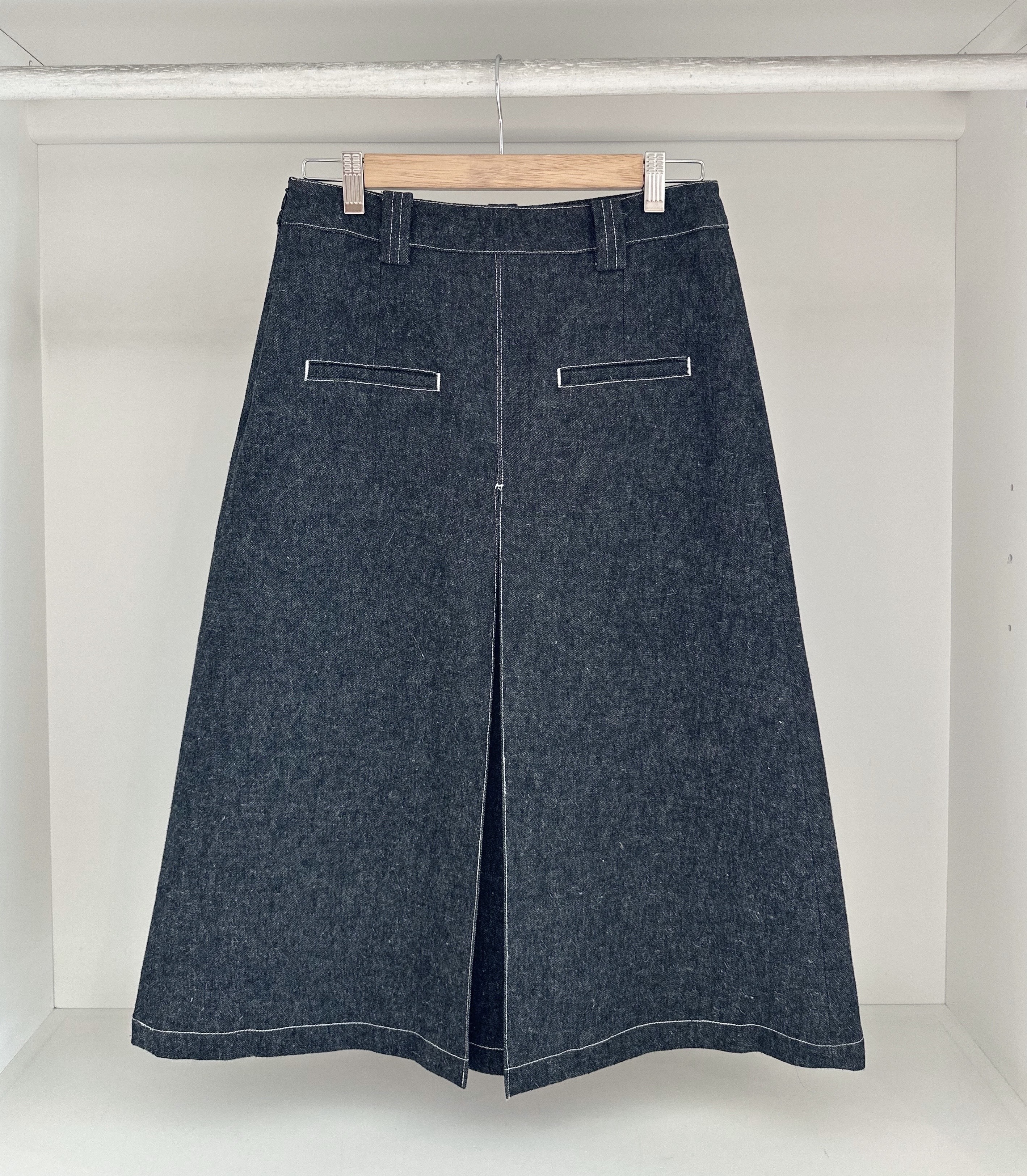 HIGH WAISTED DENIM SLIT ALINE MIDI SKIRT