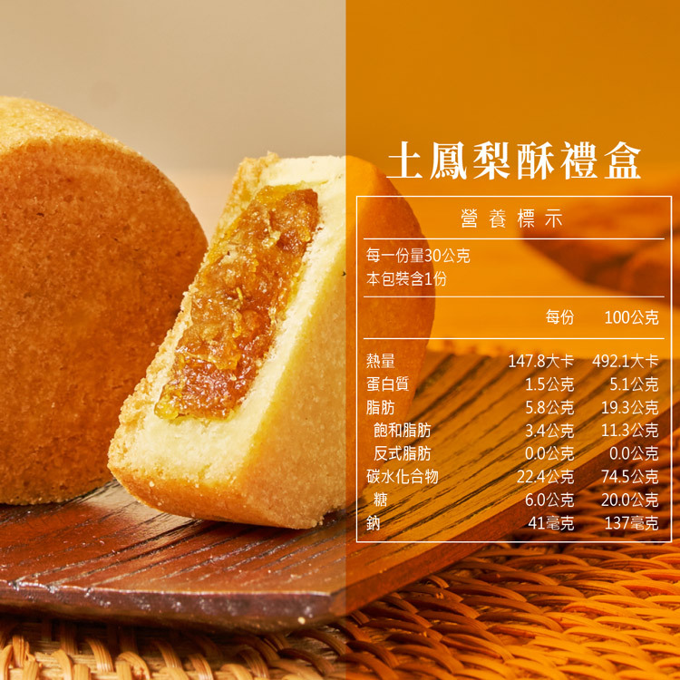 查理布朗土鳳梨酥禮盒營養標示，每份30公克熱量147.8大卡，反式脂肪0公克，台灣鳳梨酥伴手禮低糖配方