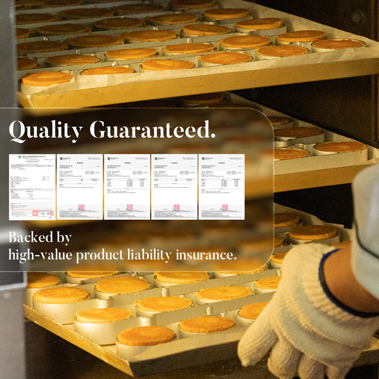 Chirle Brown Taiwan pineapple cake souvenir third-party lab test certificates and artisan baker pulling fresh-baked pineapple cakes from oven — quality guaranteed