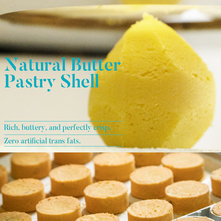 Chirle Brown natural butter pastry dough ball and pre-baked pastry shells on baking tray – rich buttery aroma, perfectly crisp texture, zero artificial trans fats, authentic Taiwan pineapple cake souvenir handmade process