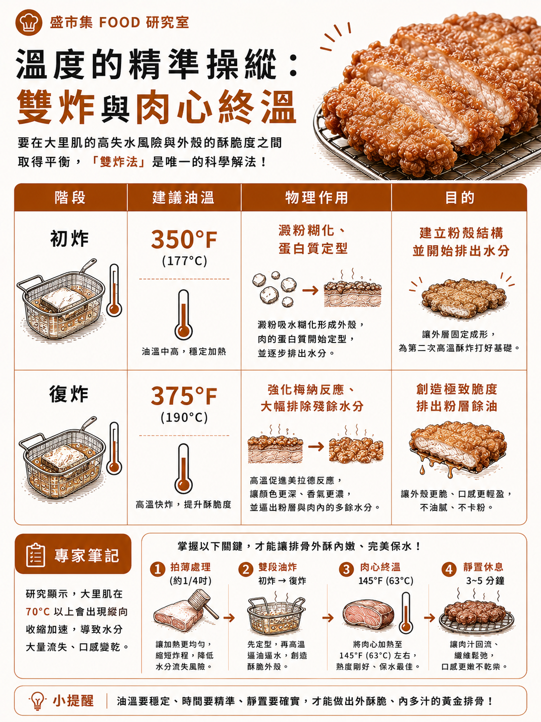 ATK 雙炸法示範:350°F 初炸定型與 375°F 復炸搶酥