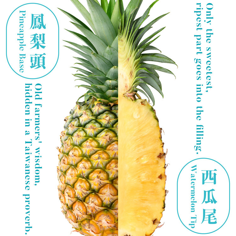 Pineapple Base (鳳梨頭) and Watermelon Tip (西瓜尾) illustrated with a split pineapple – Taiwanese farming proverb applied to Chirle Brown's authentic Taiwan pineapple cake souvenir filling