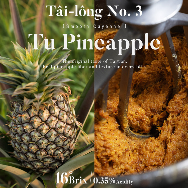 Tâi-lông No. 3 Smooth Cayenne Tu Pineapple grown in Taiwan – 16° Brix sweetness and 0.35% acidity, slow-cooked into filling for Chirle Brown's authentic Taiwan pineapple cake souvenir