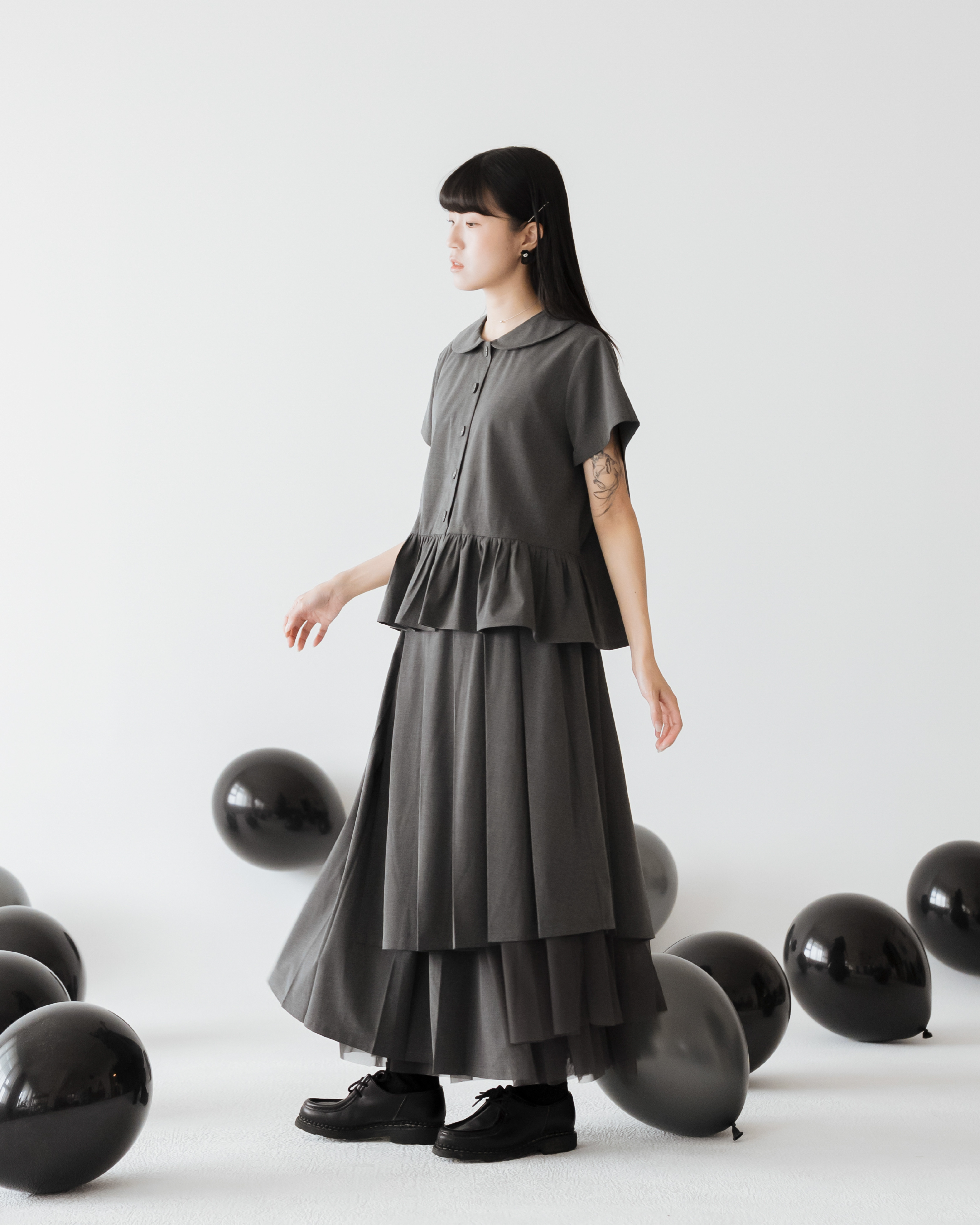 【 Kiki.co made 】Tiered Mesh Pleated  Skirt - Grey