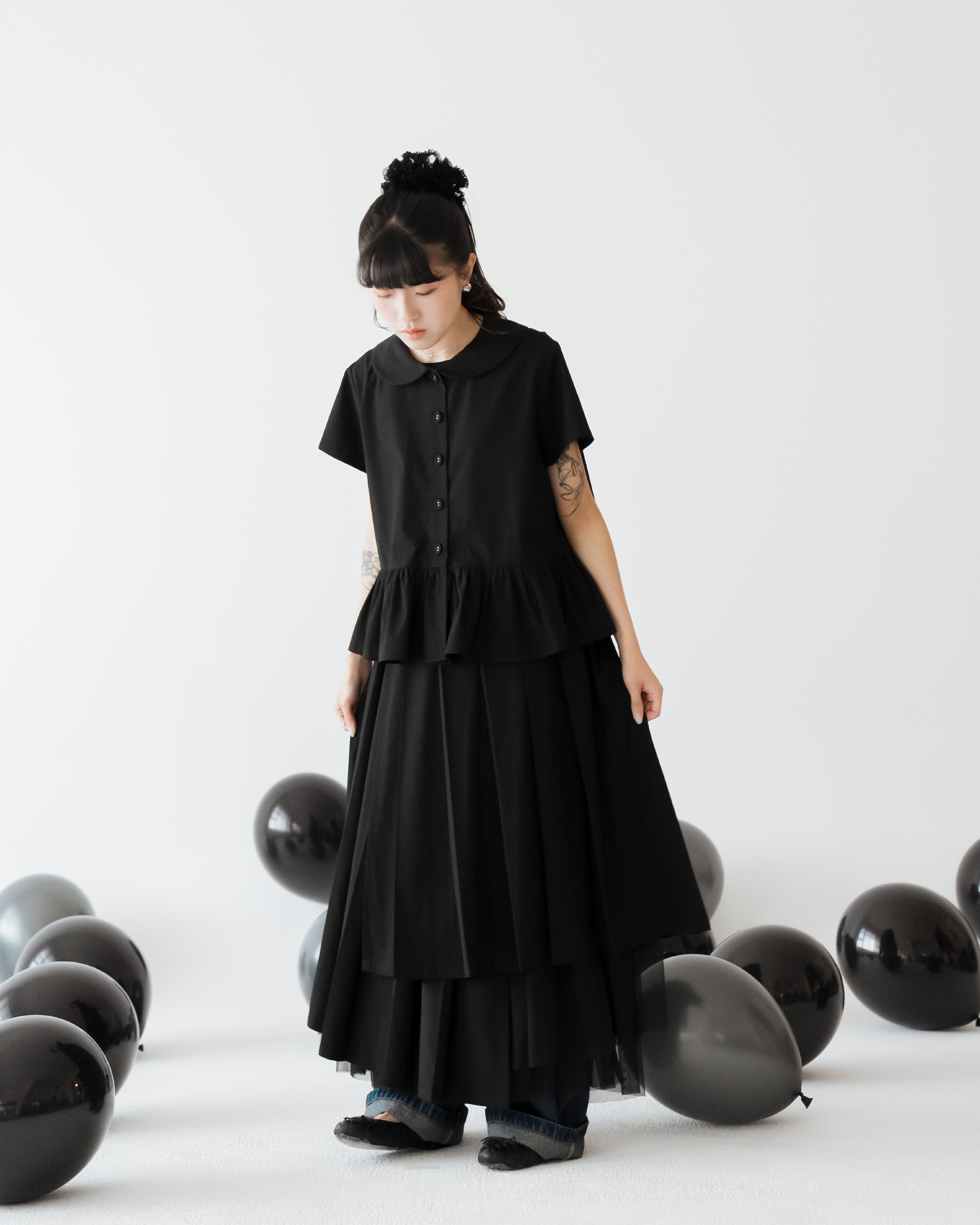 【 Kiki.co made 】Tiered Mesh Pleated  Skirt - Black