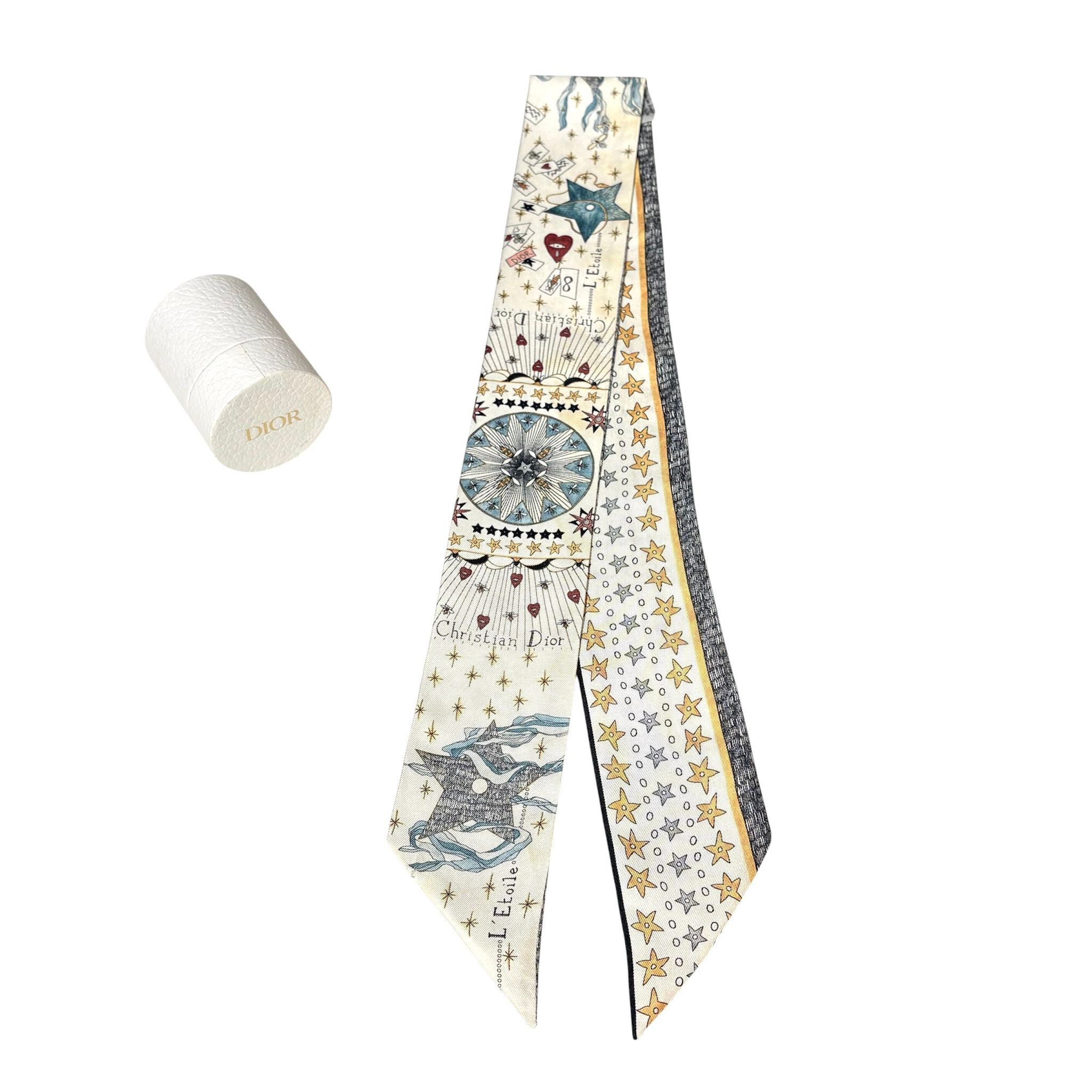 90%NEW二手DIOR TWILLY Silk L'Etoile Mitzah Scarf 黃色/白色 經典絲巾 #香榭站正品