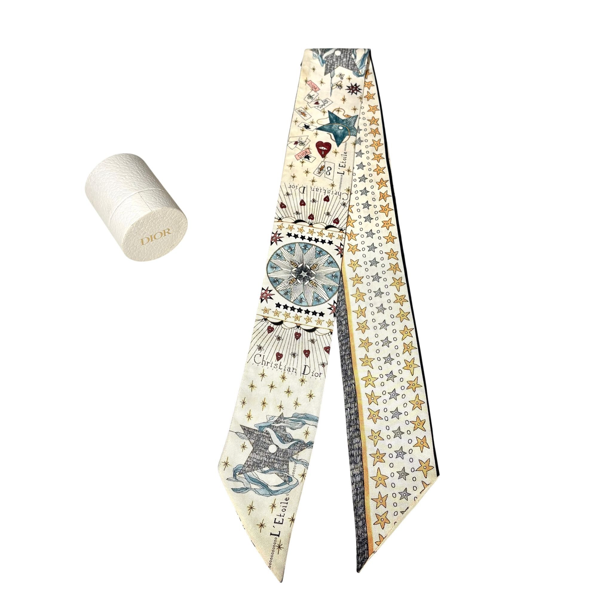 90%NEW二手DIOR TWILLY Silk L'Etoile Mitzah Scarf 黃色/白色 經典絲巾 #香榭站正品