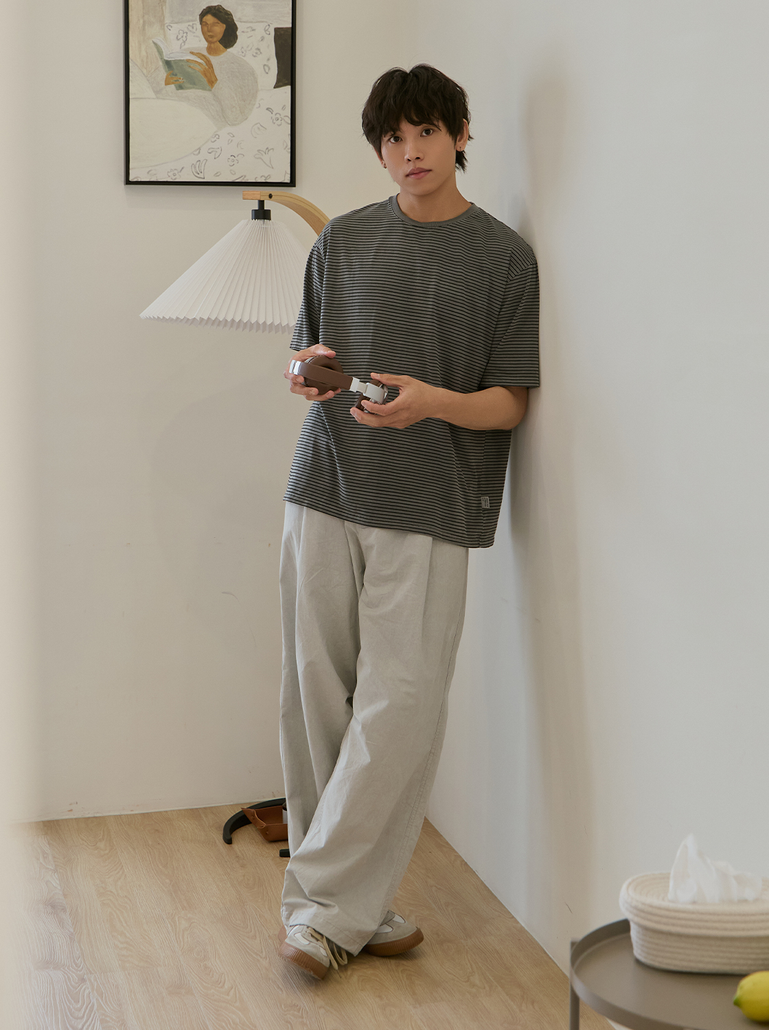 膝打摺綁繩闊腿褲