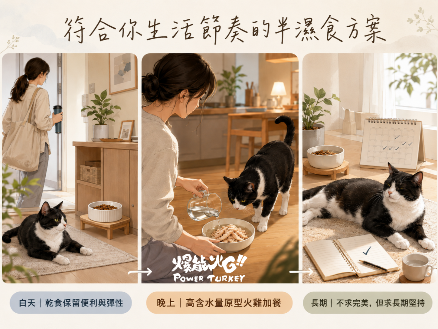 都會家庭的半濕食方案:以時間軸呈現白天乾食保留便利、晚上加入高含水量火雞加餐,以及長期以可持續方式建立全齡貓日常補水與餐盤管理_爆能火G_趕食髦部落格
