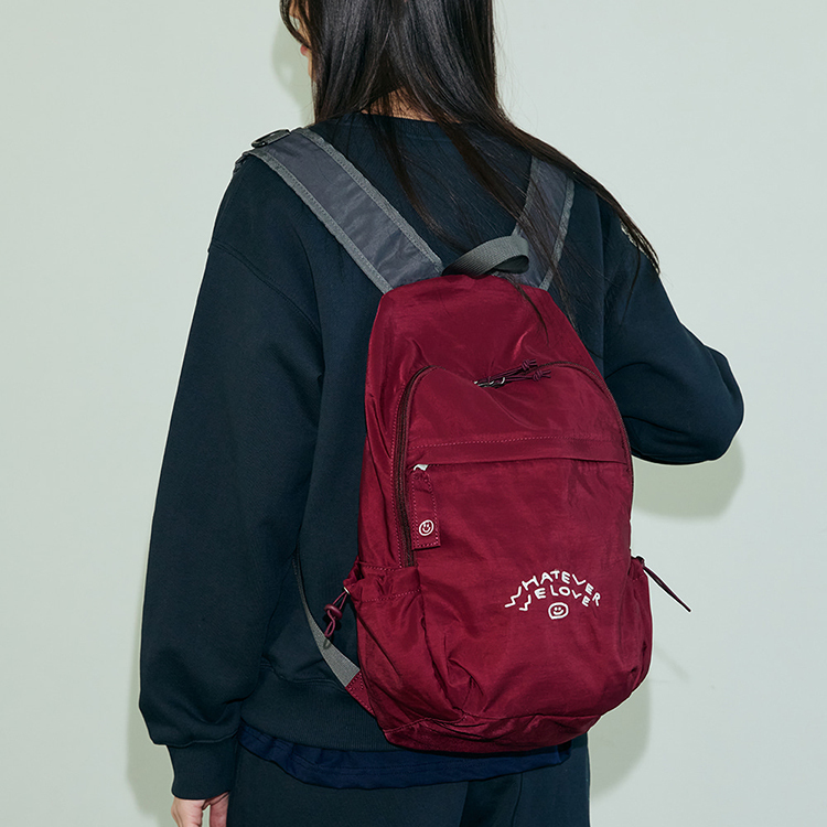 韓國 ooowl 刺繡尼龍後背包 WE LOVE 酒紅