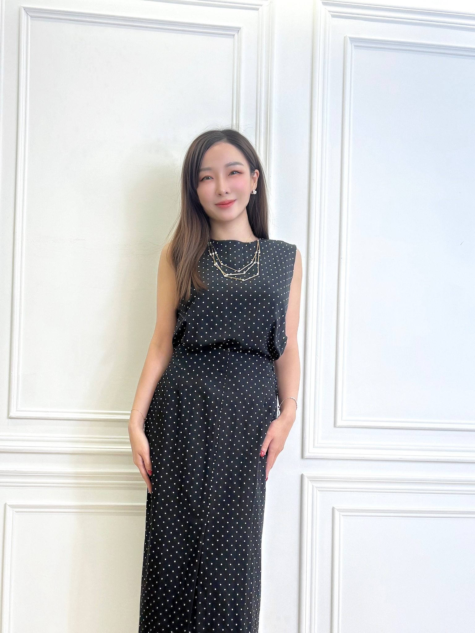 點點圓領背心長裙套裝