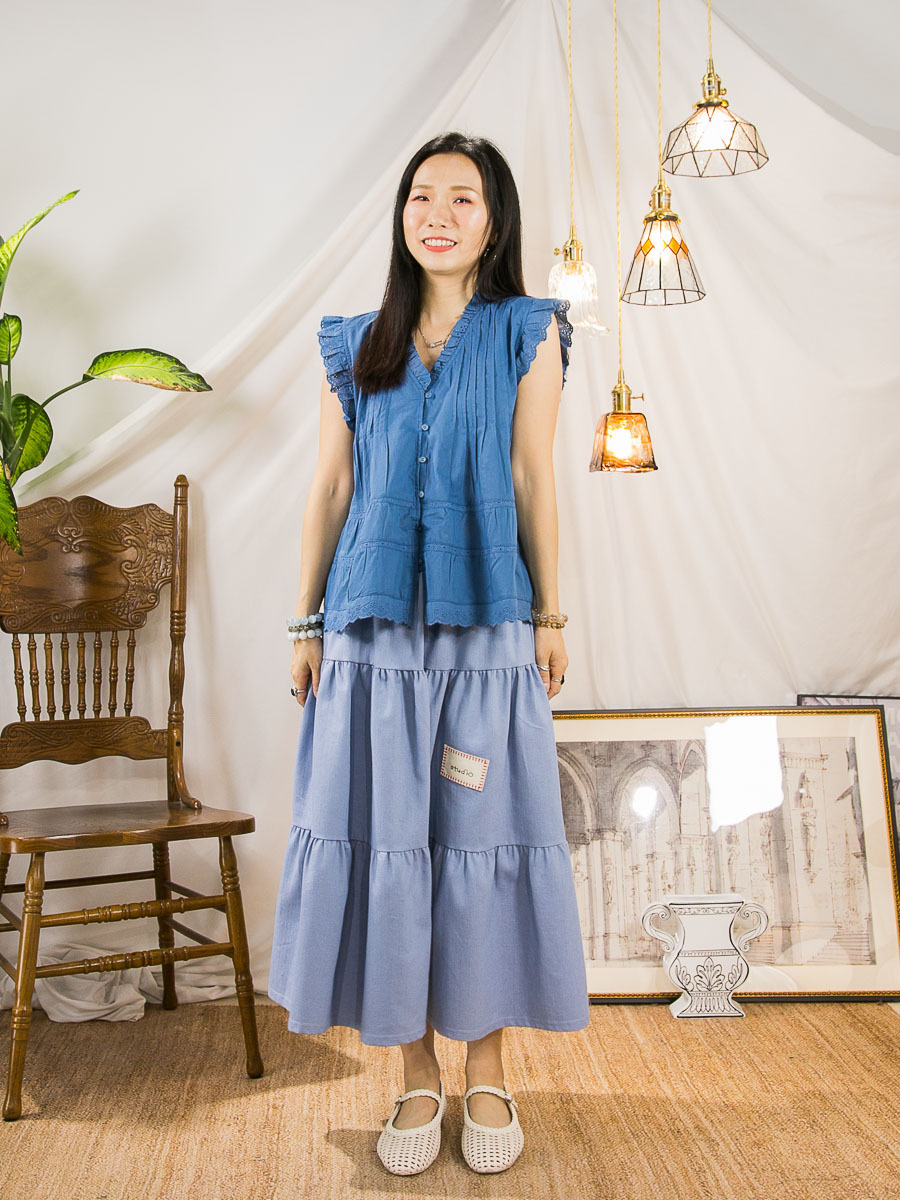 【19/6-21/6 限時優惠】全開胸扣鈕．V領邊 袖口 下擺LACE刺繡．麻棉料TOP【感謝祭滿$580送禮物，無上限】