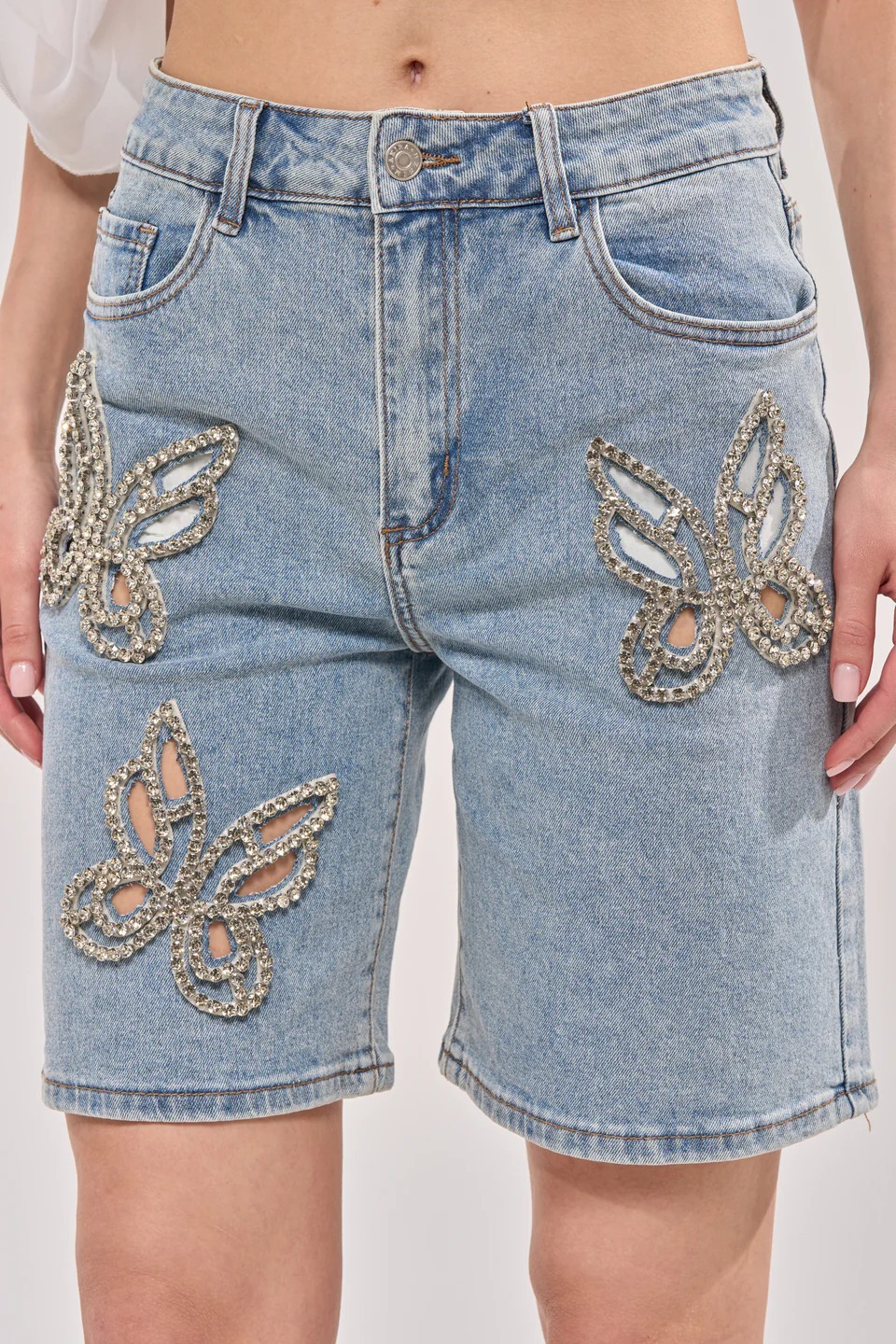 Denim單寧藍色水鑽Cutout蝴蝶牛仔短褲