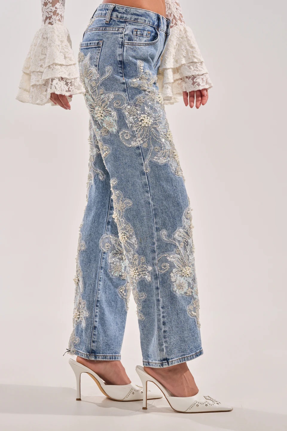 Denim單寧藍色網紗刺繡珍珠縫珠牛仔褲