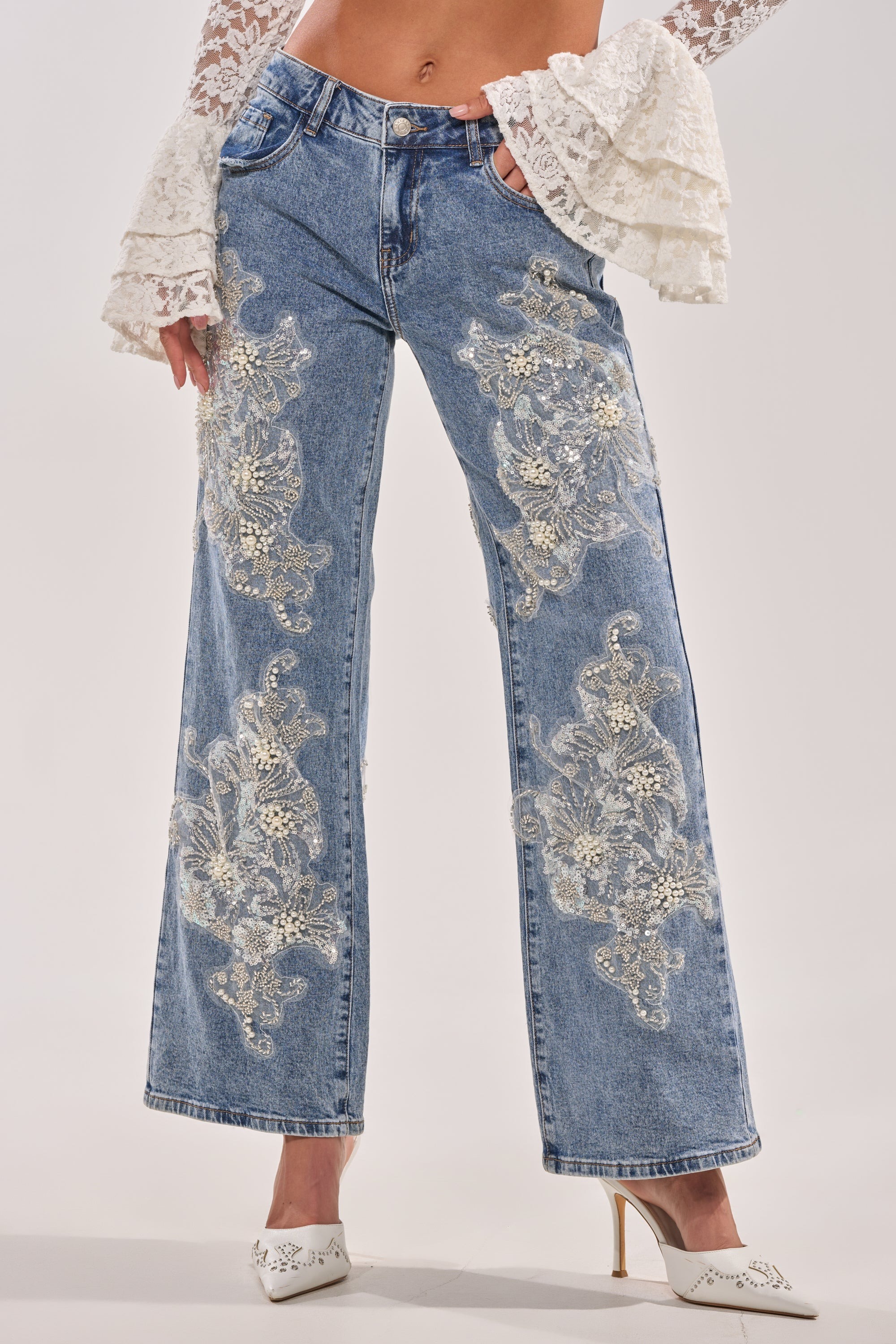 Denim單寧藍色網紗刺繡珍珠縫珠牛仔褲