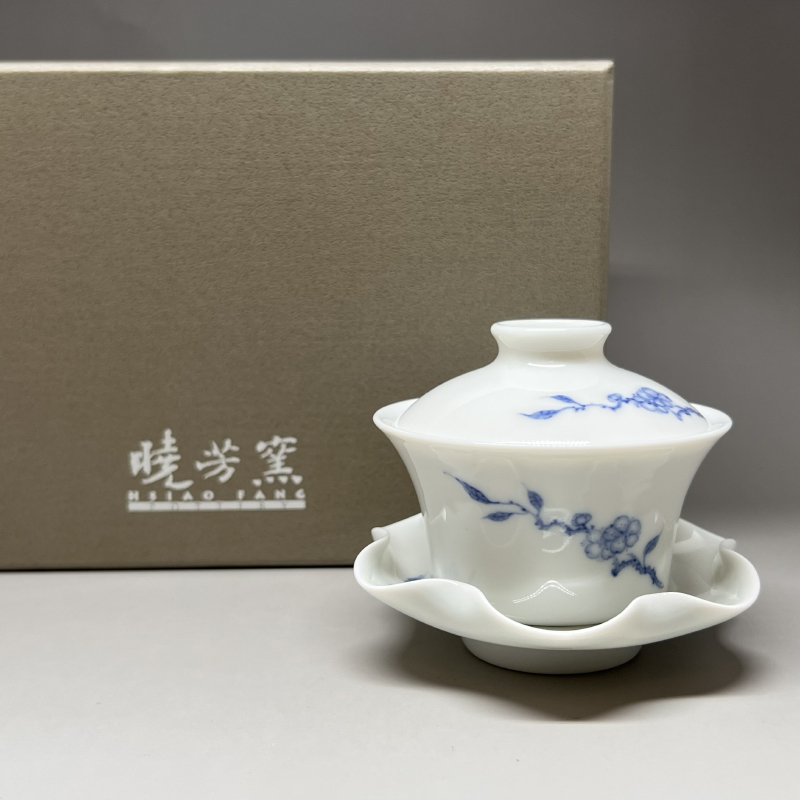 茶香自在】曉芳窯蔡曉芳大師手繪青花杏花蓋碗蓋杯禮盒裝