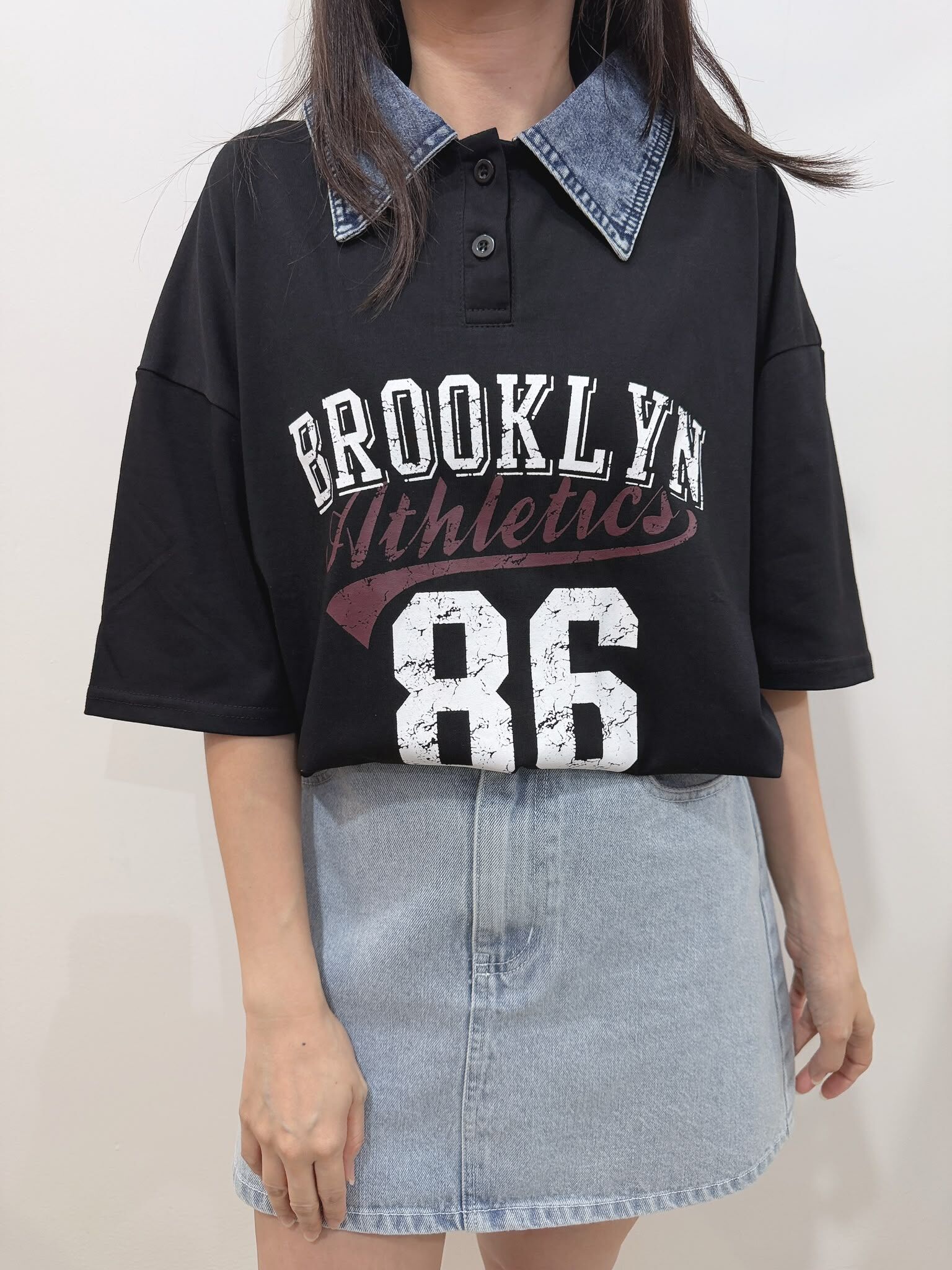 TK 牛仔領假兩件top