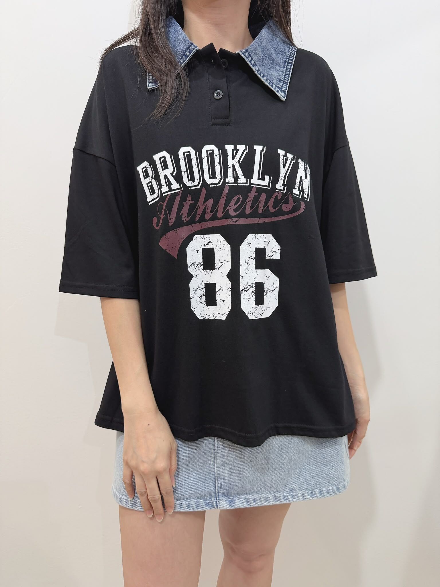 TK 牛仔領假兩件top