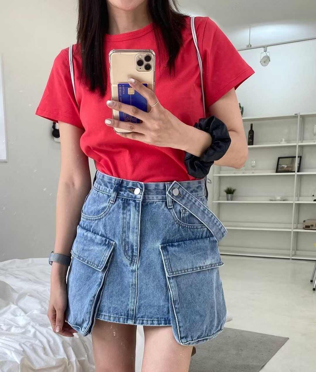 雙側大口袋牛仔短裙