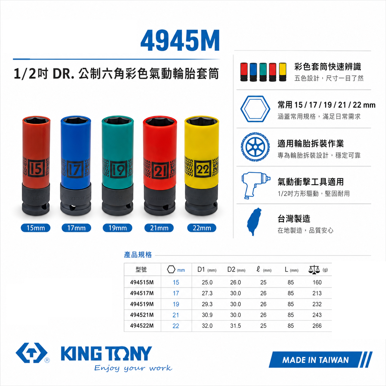 KING TONY 金統立｜4945M｜1/2" 公制六角彩色氣動輪胎套筒 四分氣動長套筒 4分薄壁氣動套筒