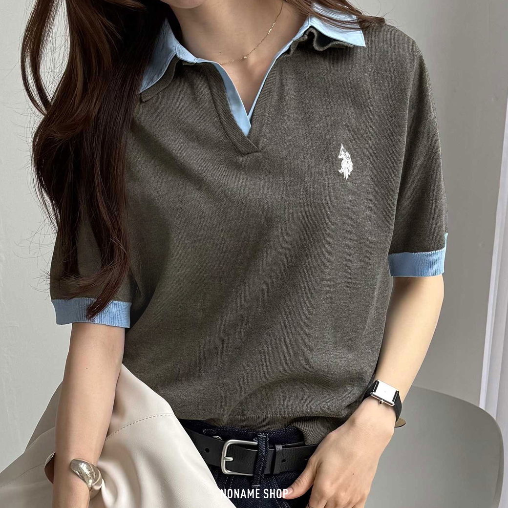 U.S. POLO ASSN. 襯衫領 雙層 疊層 針織 POLO衫 短袖 五色 (女款)