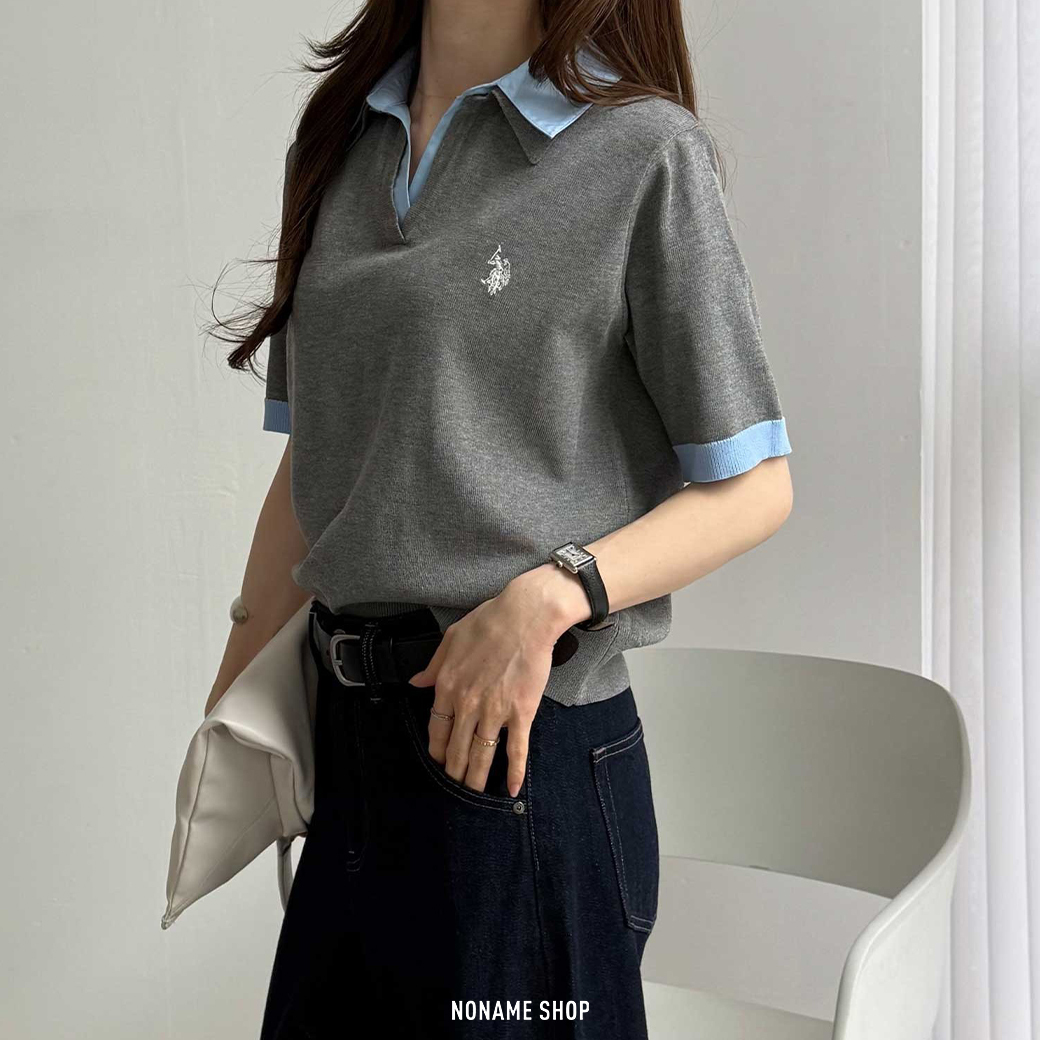 U.S. POLO ASSN. 襯衫領 雙層 疊層 針織 POLO衫 短袖 五色 (女款)