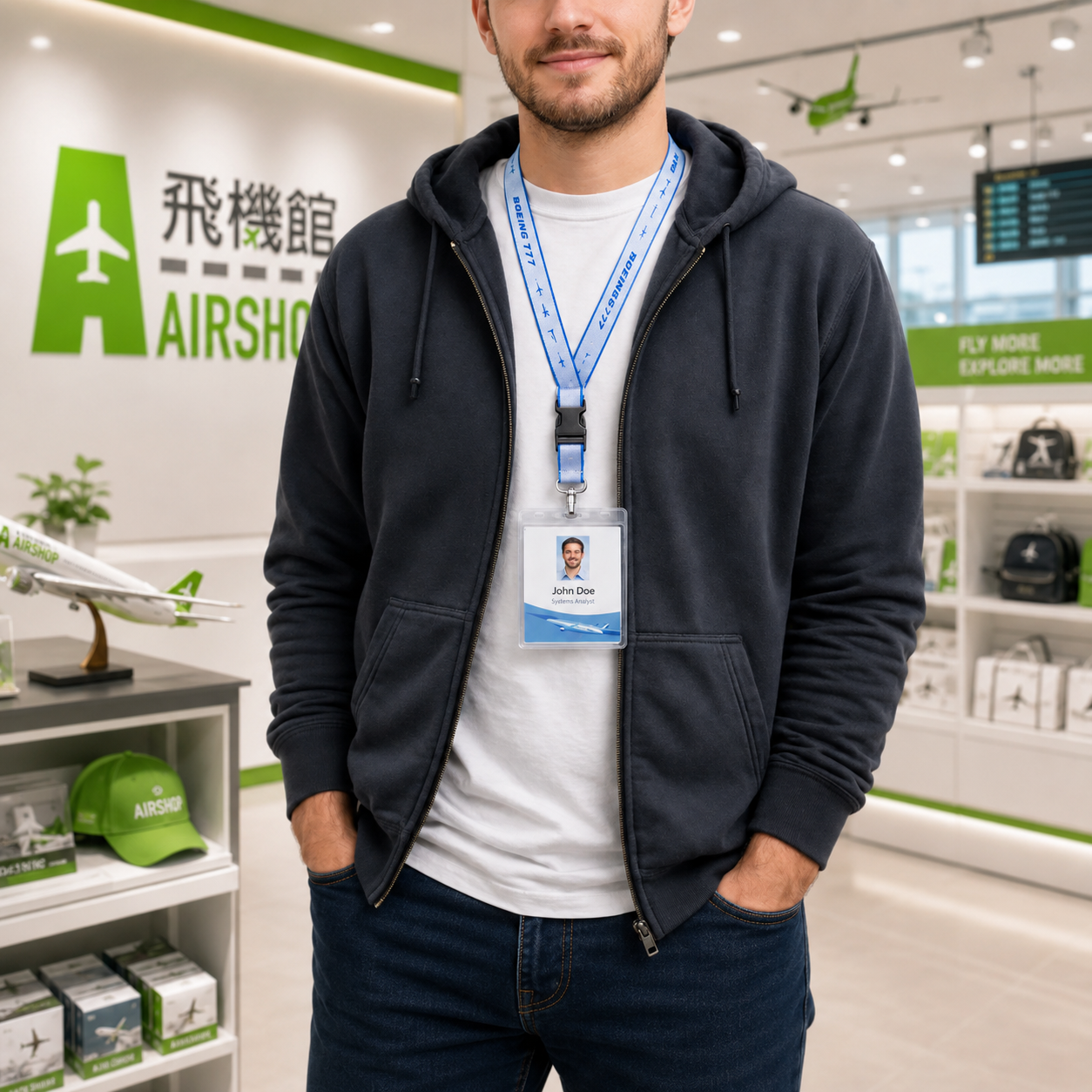 AIRSHOP BOEING 777 飛機反光掛繩(藍) 含透明壓克力殼