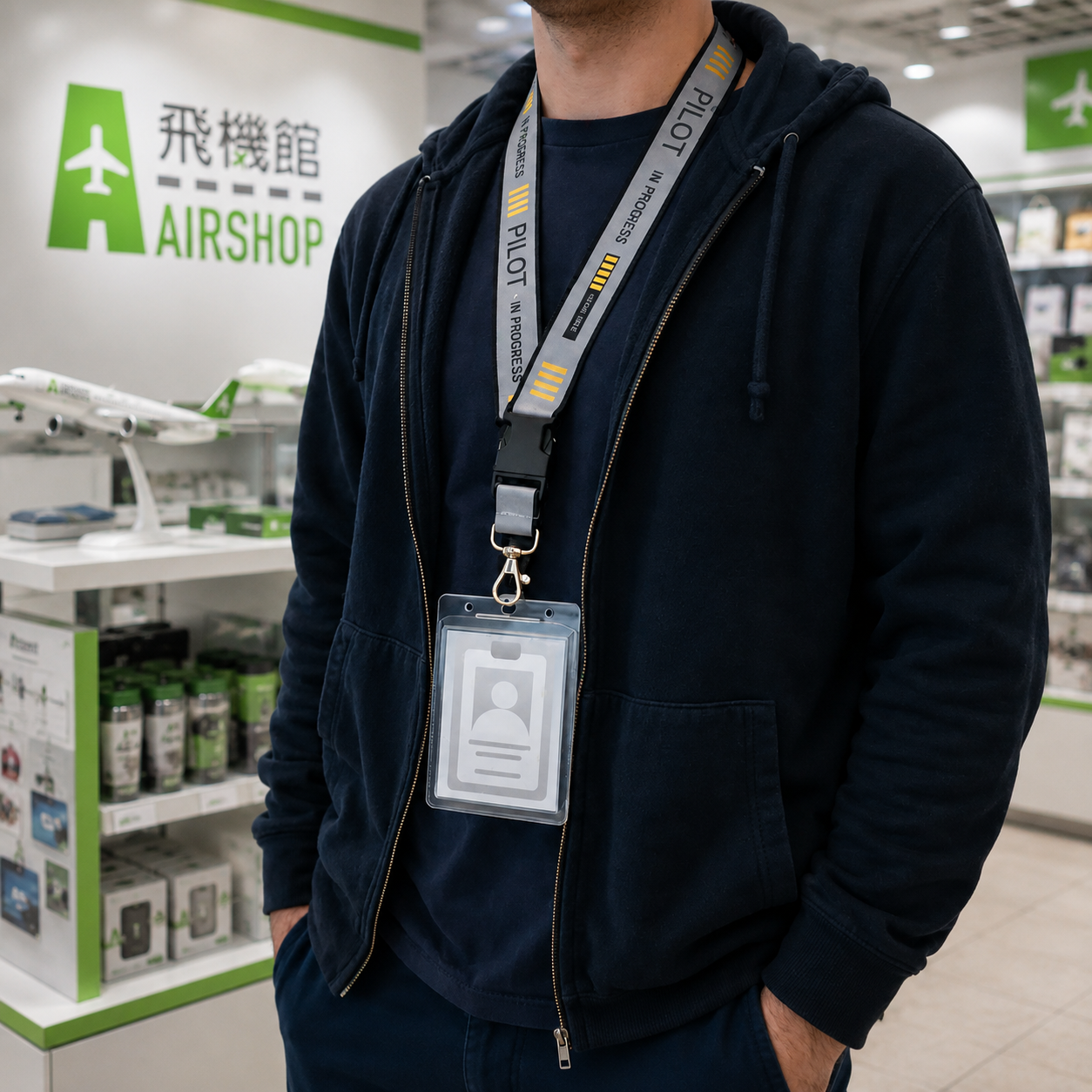 AIRSHOP PILOT IN PROGRESS 飛機反光掛繩(黑) 含透明壓克力殼