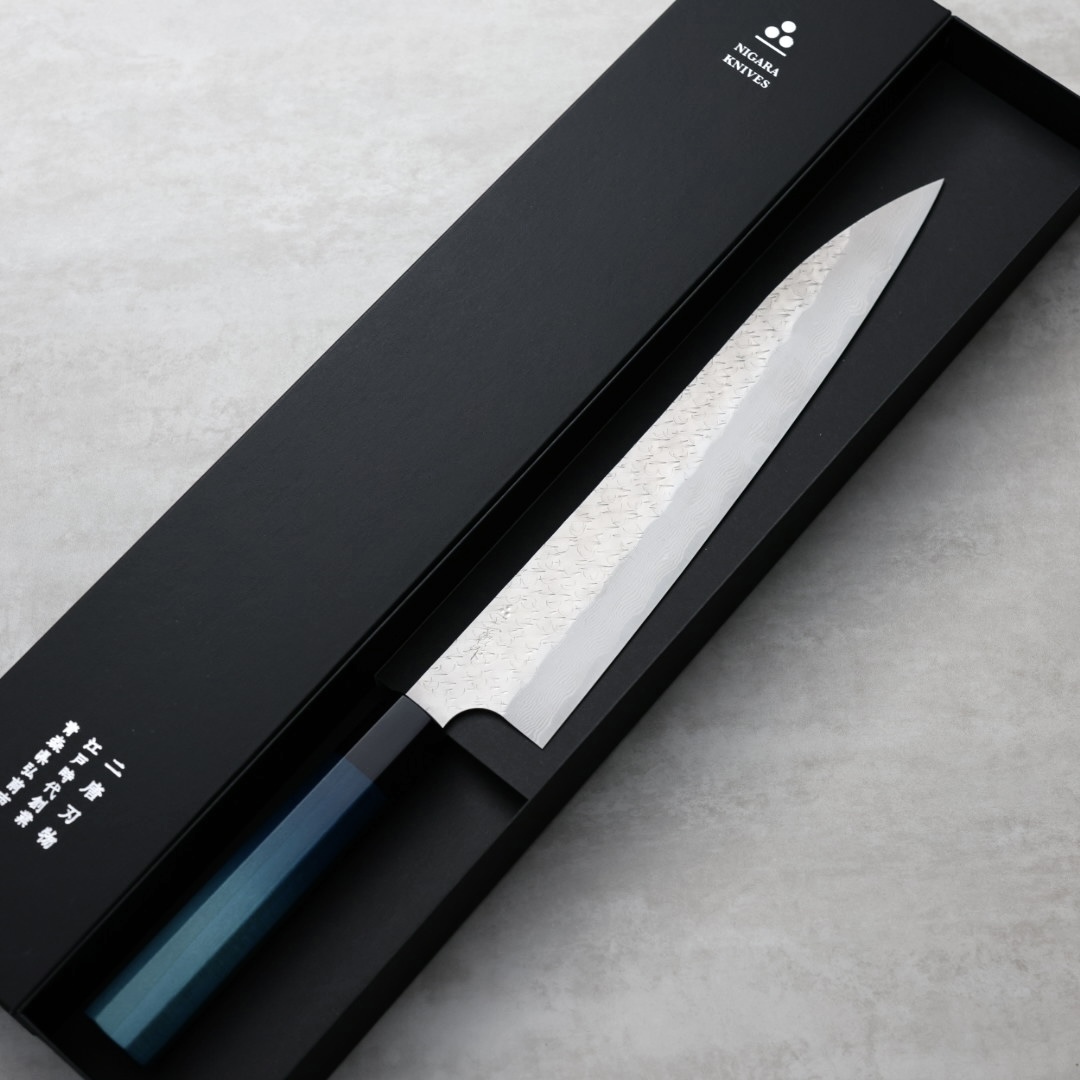 藍包丁 x 二唐刃物 筋引 270mm SG Strix粉末HSS鋼 鎚目大馬士革