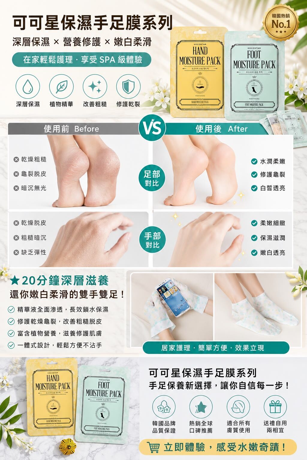 (限量） UA08 韓國🇰🇷製造(可可星）保濕手膜  (一盒十片) / 足膜 (一盒十片) / 去角質腳膜 (一盒5片)