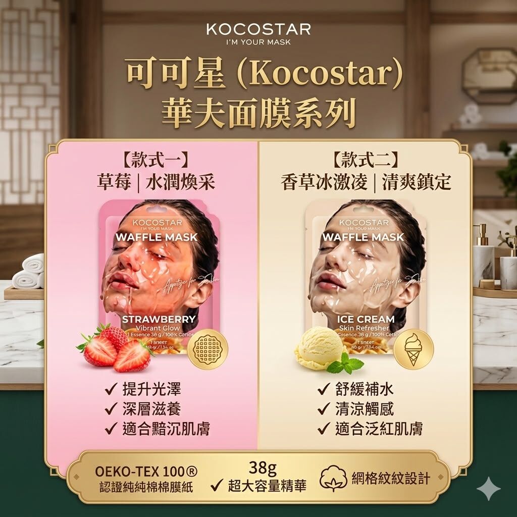 (限量） UA02 韓國🇰🇷製造(可可星）窩夫面膜（一盒六片） EXP草莓：26.11.23 香草：26.08.30