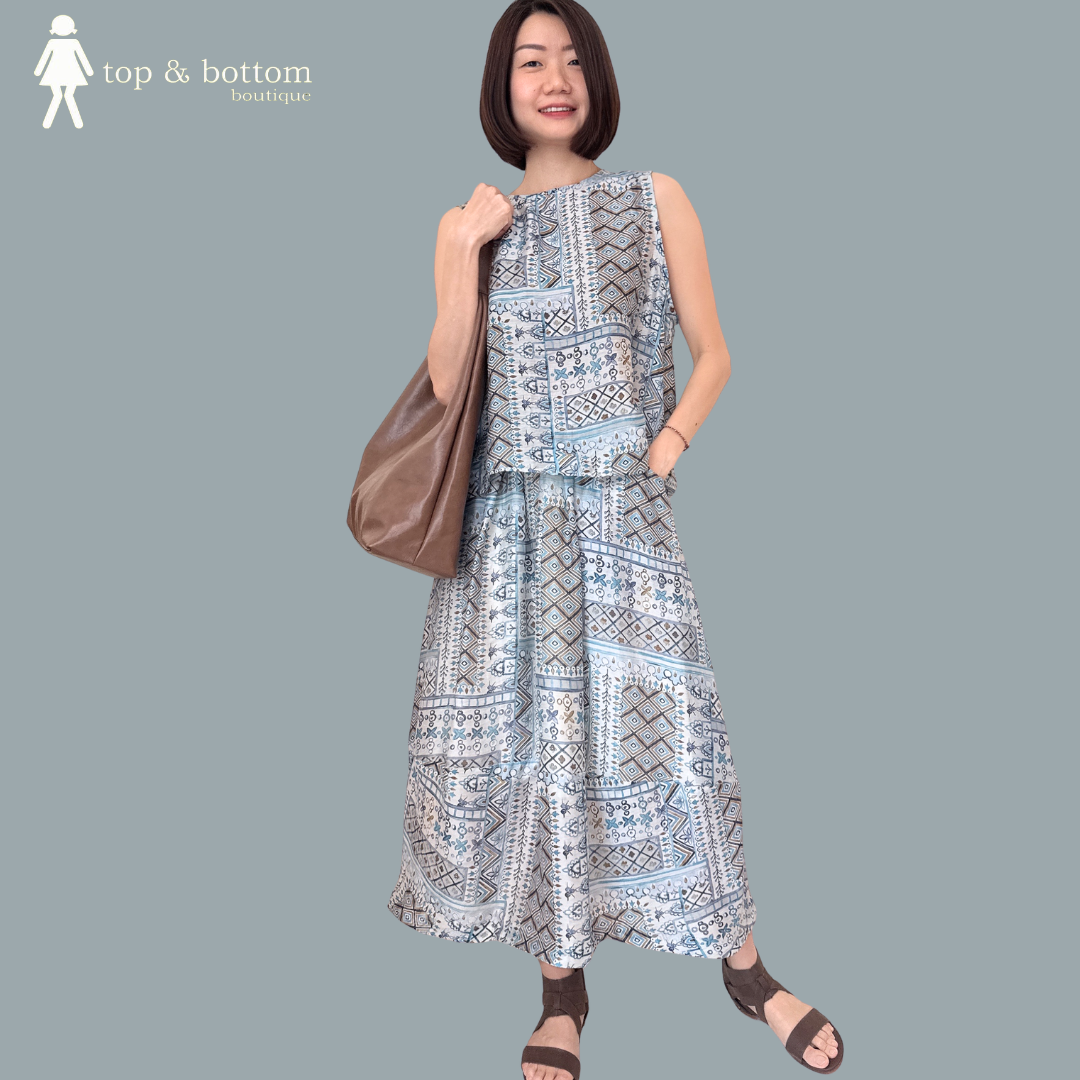 SLEEVELESS COTTON PRINTED BLOUSE & SKIRT SET SUIT (2PCS)
