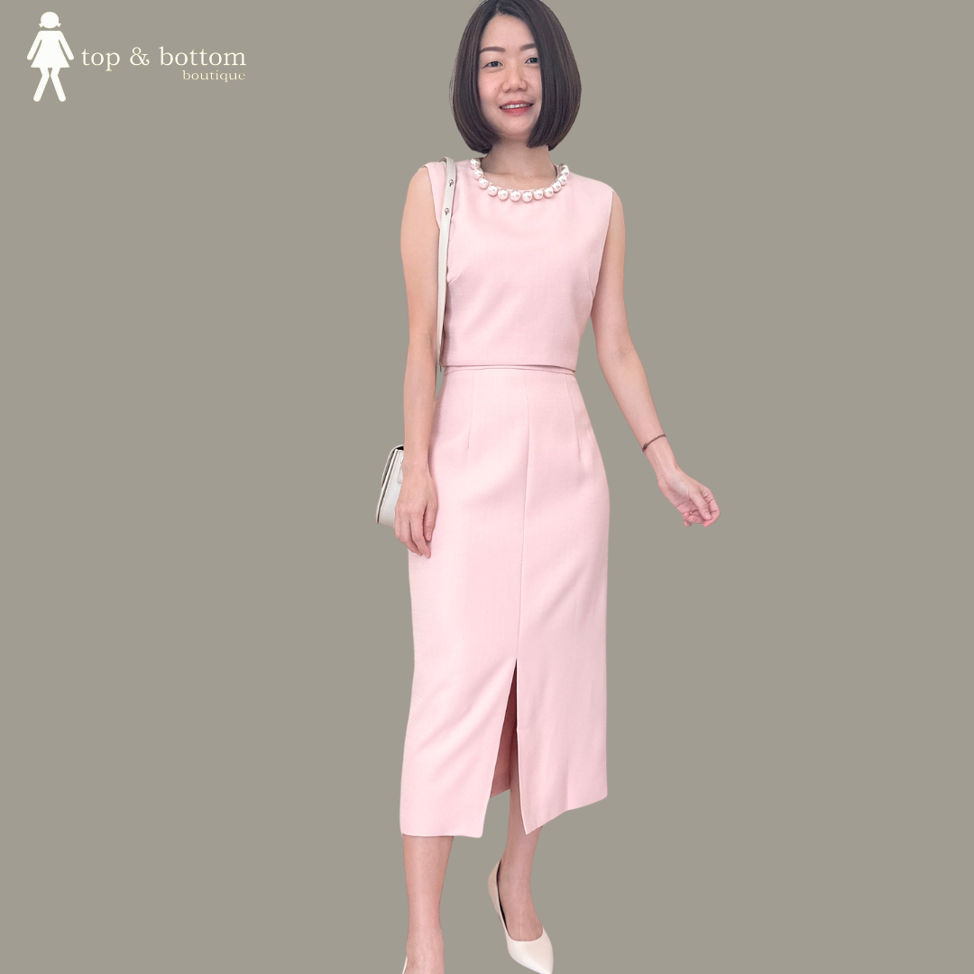 SLEEVELESS PEARL NECK TOP & PENCIL SKIRT SET SUIT (2PCS)