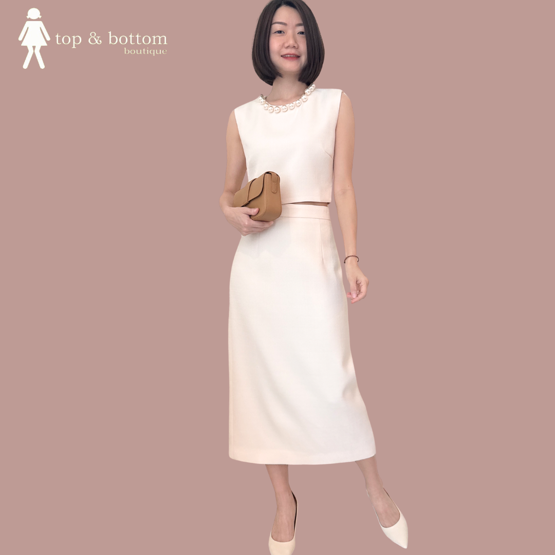 SLEEVELESS PEARL NECK TOP & PENCIL SKIRT SET SUIT (2PCS)