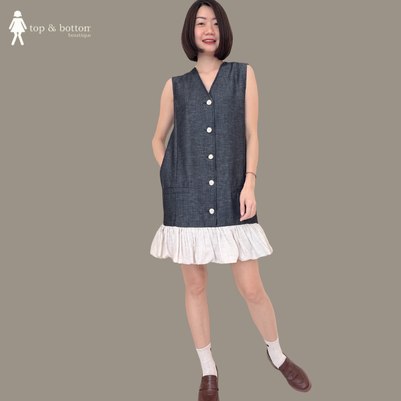 SLEEVELESS BUTTON SHORT DRESS WITH BALLOON HEM