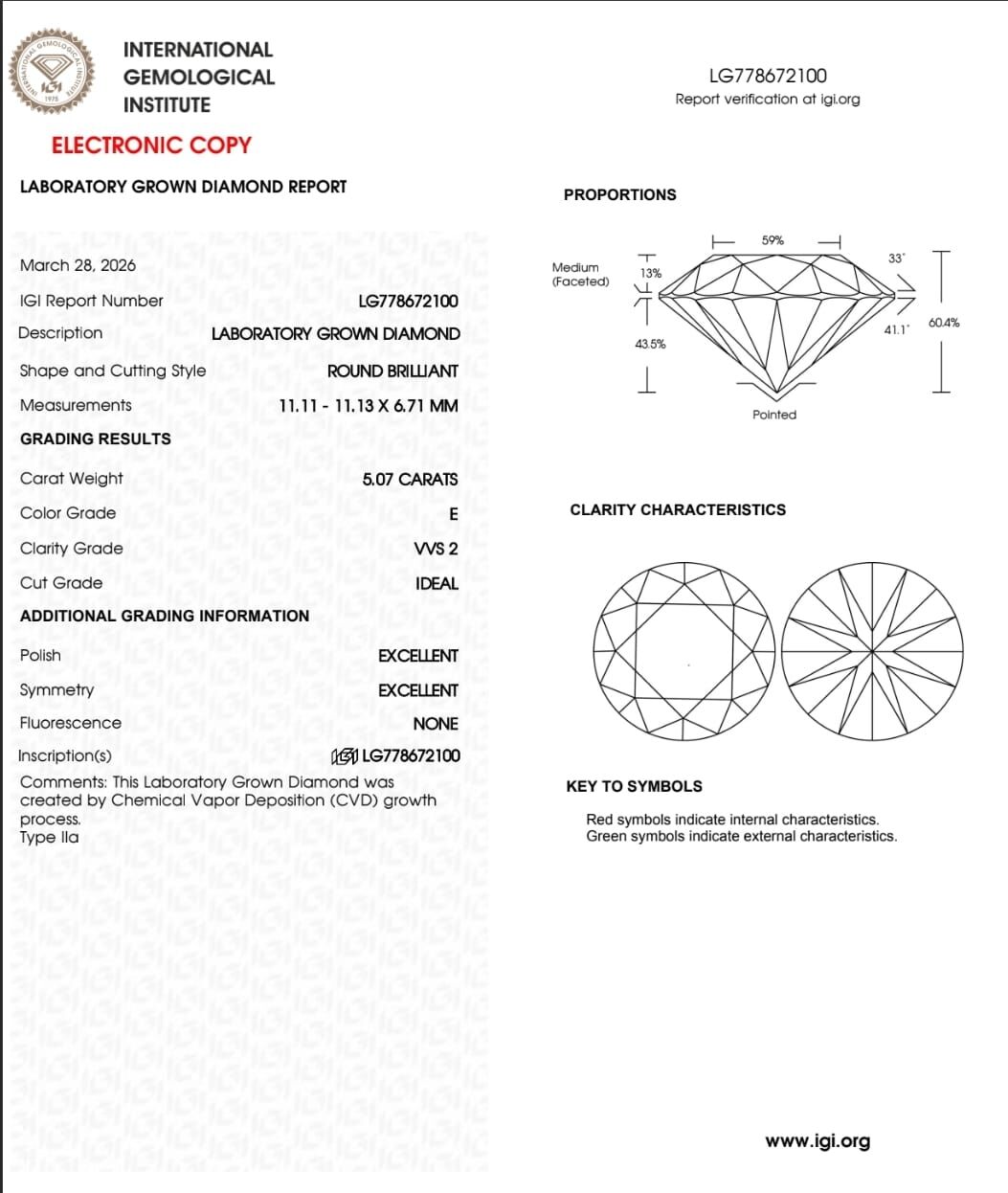 IGI LAB GROWN DIAMOND 5.07 E VVS2 IDEAL 2EX NON