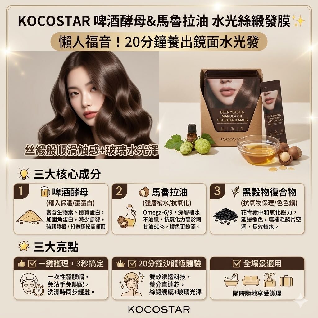 UN15 KOCOSTAR 啤酒酵母&馬魯拉油 水光絲緞 髮膜 5片/$149 10片/$249 exp28.12.15