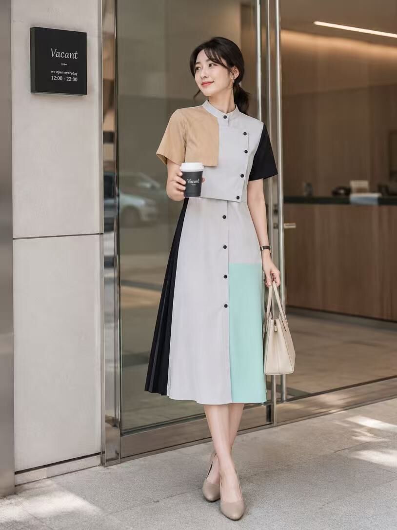 SHORT SLEEVE COLOUR BLOCK MIDI DRESS
